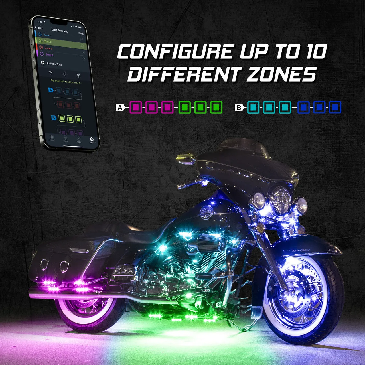 XKGlow Addressable LED Motorcycle Accent Light Kits [XKalpha App Controlled] Standard or Advance